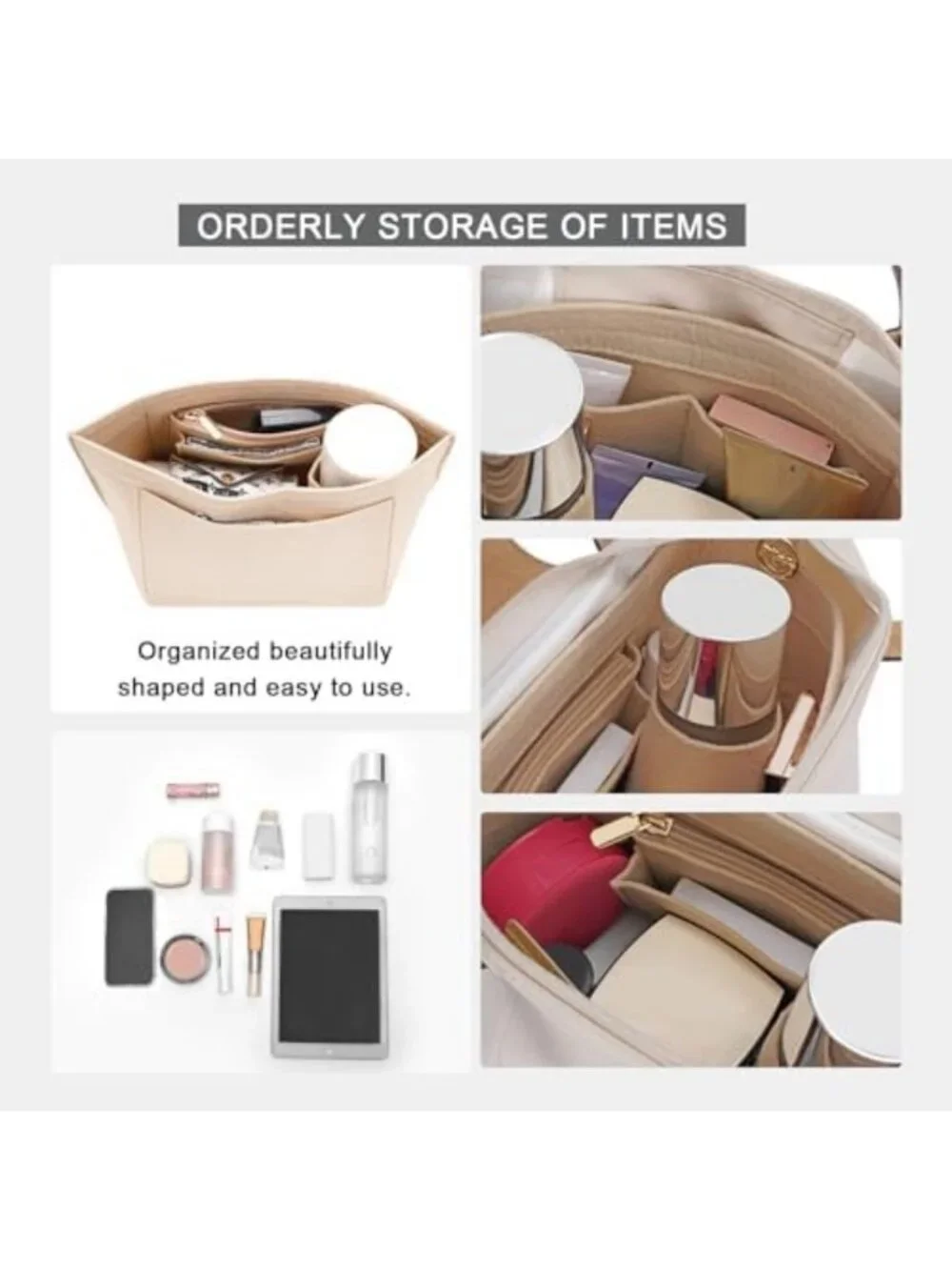 Felt Purse Organizer Insert for Long Handbags - Small Beige Storage Solution